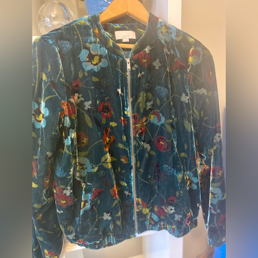 LOFT Velvet Floral Print Zip Up Jacket